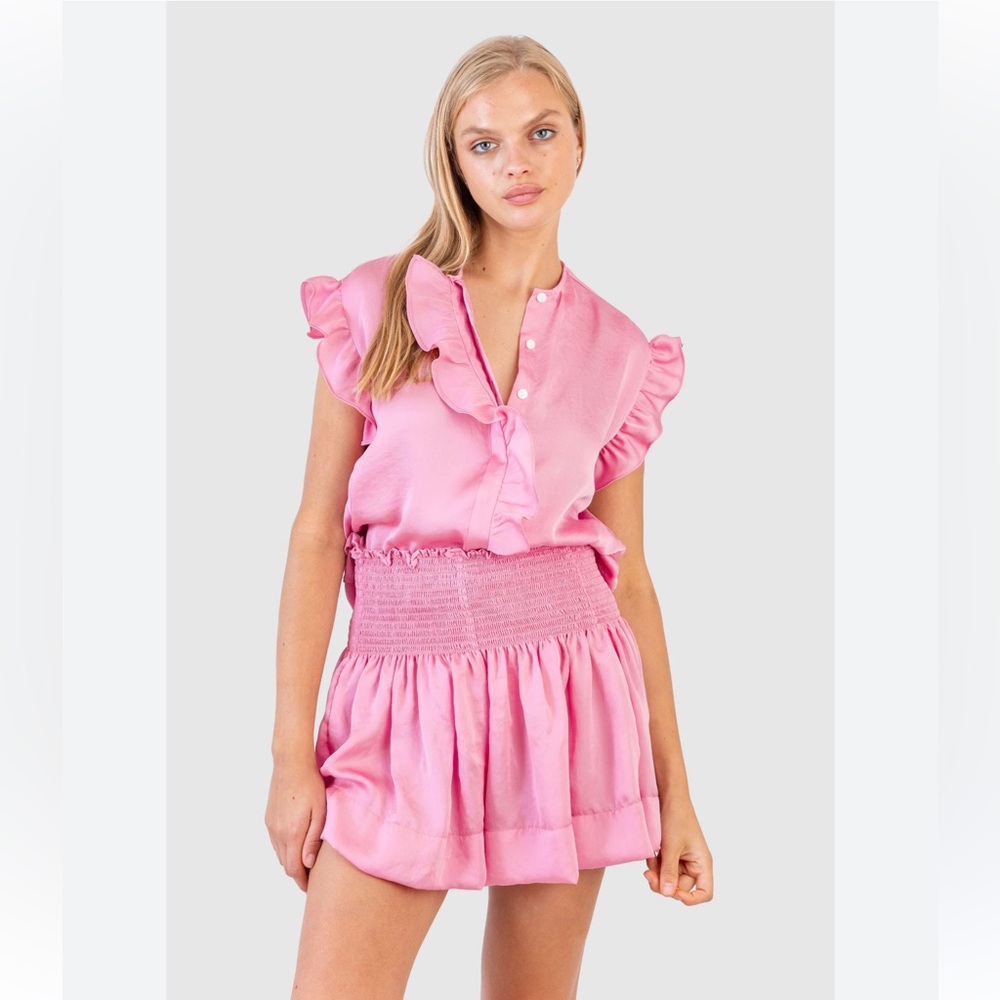Pink Ruffle Smocked-Waist Mini skirt and ruffle top